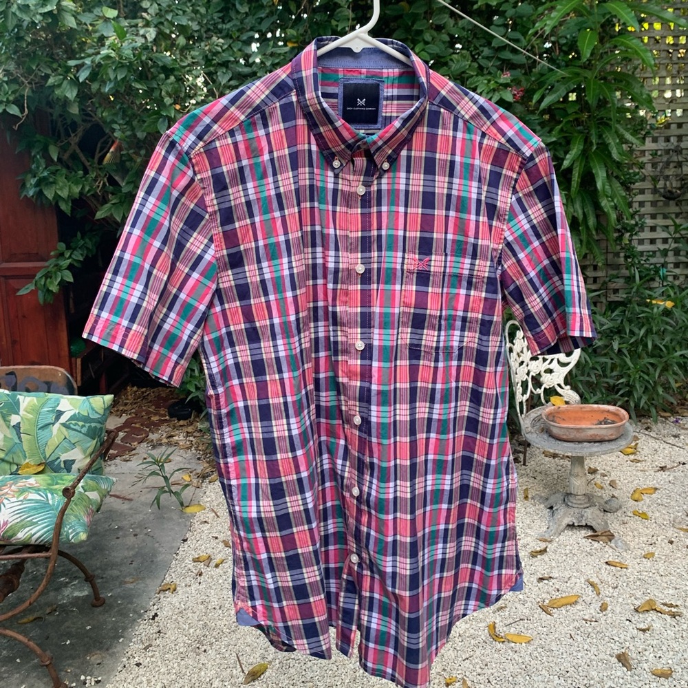 Crew Clothing Company Blue and Pink Plaid Casual Button-up Shirt